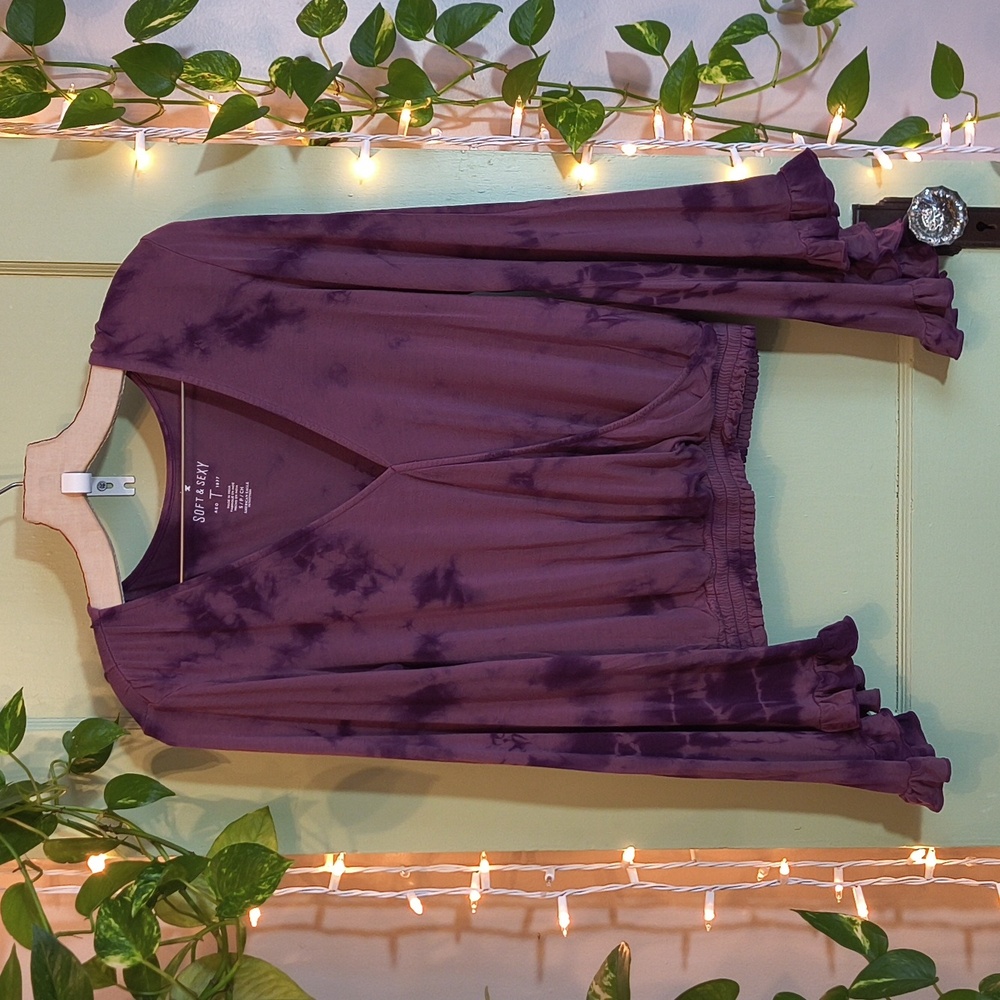 Women's American Eagle Soft & Sexy Purple Tye Dye Ruffle Bell Sleeve Blouse S
